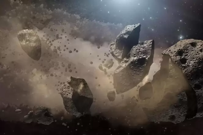 Ein Asteroid zerbricht und produziert dabei Staub, der auch auf die Erde gelangt.