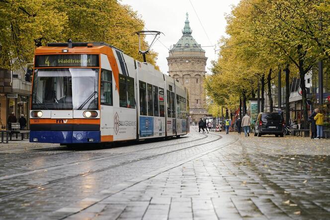 Eine Straßenbahn fährt durch die Mannheimer Innenstadt.