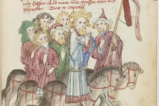 Darstellung des Auszugs von König Caspar aus seinem Königreich in der Dreikönigslegende aus dem 15. Jahrhundert (Paris, Biblioth