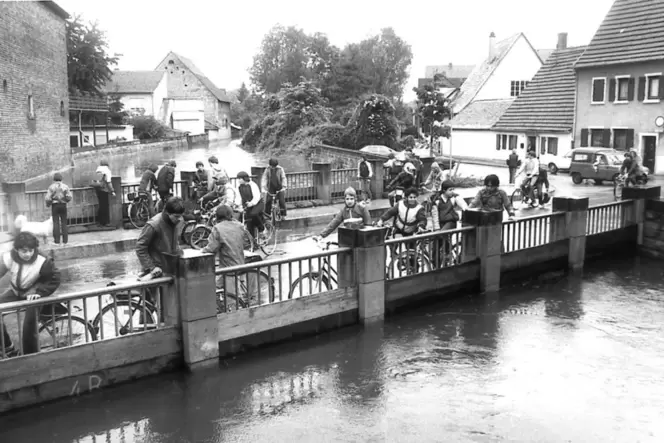 Land unter: Schaulustige auf einer Brücke im überschwemmten Teil der Speyerer Altstadt 1955.