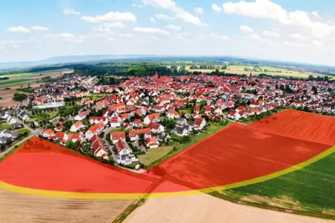Nordwestlicher Waldseer Ortsrand: Auf der rot eingefärbten Fläche könnte ein Neubaugebiet, begrenzt von der Ortsrandstraße (gelb