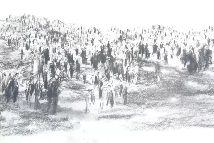 &bdquo;Menschen in der Landschaft&ldquo;, nannte Max Mayrshofer diese Kohlezeichnung. 