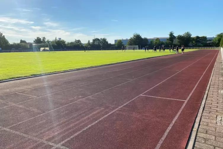 Der Rasenplatz im Sportpark. Der Laufbahn drumherum sieht man an, dass sie nicht mehr taufrisch ist. 