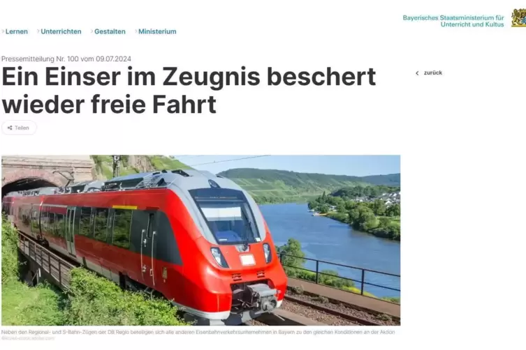 Frohe Kunde aus München für bayerische Einser-Schüler. Das Foto zeigt allerdings einen Zug auf der rheinland-pfälzischen Moselst