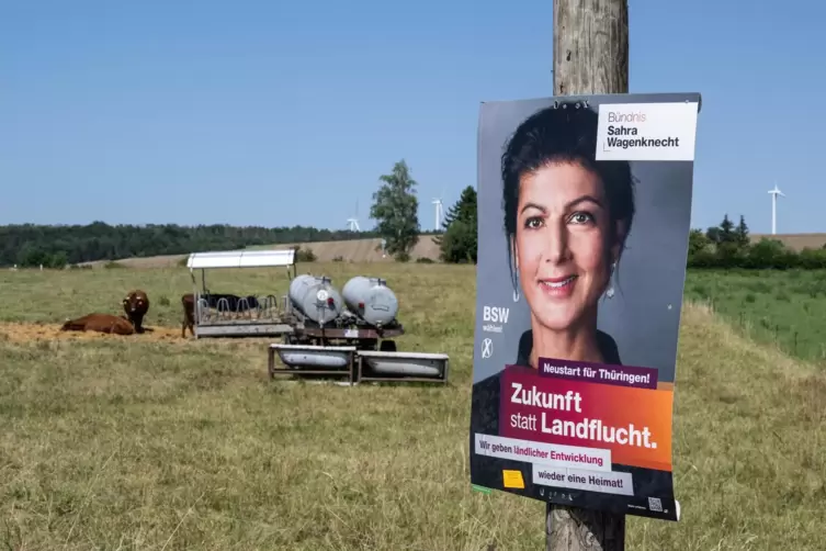Wahlplakat in Th&uuml;ringen mit Sahra Wagenknecht. Bei der Europawahl holte das BSW im Osten aus dem Stand zweistellige Ergebnisse. 