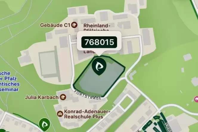 Der Uniparkplatz in der Darstellung der Parkster-App. Der Uniparkplatz in der Darstellung der Parkster-App.