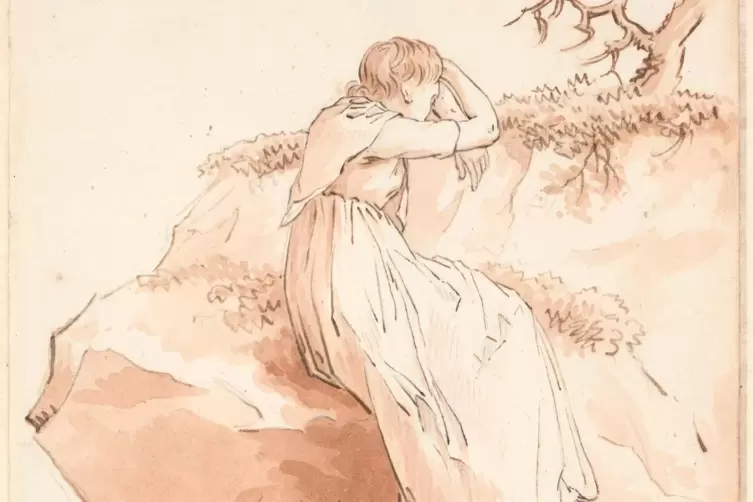 Eine der vielen von Caspar David Friedrich gezeichneten Frauen in melancholischer Haltung: Auf einem Felsen sitzende Frau mit ab
