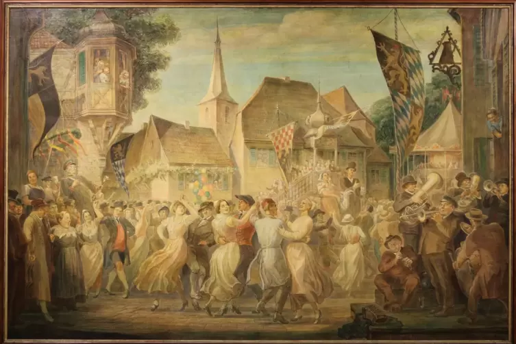 Stra&szlig;enszene bei der Gei&szlig;bockversteigerung in Deideseim &ndash; die Hakenkreuzfahnen hat Kessler nach dem Krieg &uuml;bermalt. 