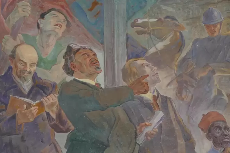 Lenin und Trotzki als Sp&ouml;tter bei der Kreuzigung in einem Fresko der protestatischen Kirche Godramstein. 