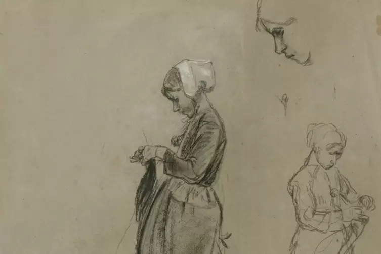 Versunken in ihre Arbeit: &bdquo;Holl&auml;ndisches strickendes M&auml;dchen&ldquo;, eine Kreidezeichnung um 1886.