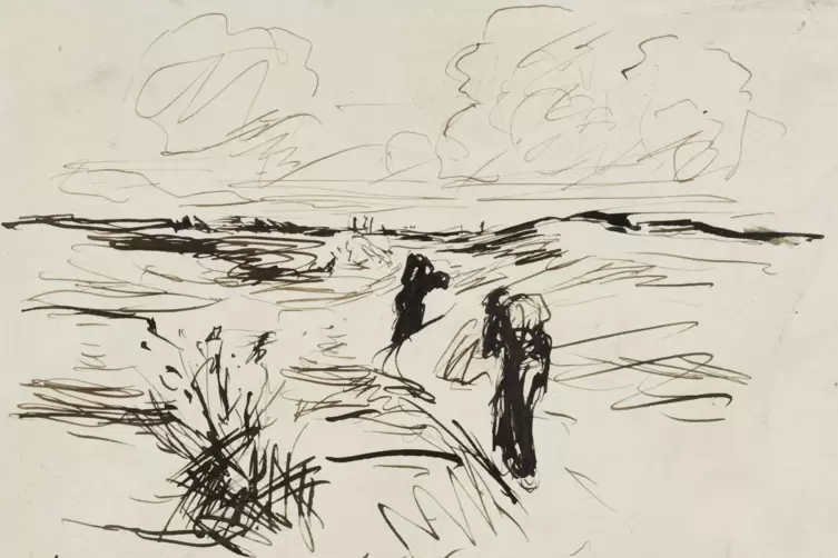 Die Dynamik einer Strandlandschaft mit ihren vom Wind gezeichneten H&uuml;geln unter wolkenverhangenem Himmel: &bdquo;In den D&uuml;nen&ldquo;, Federz