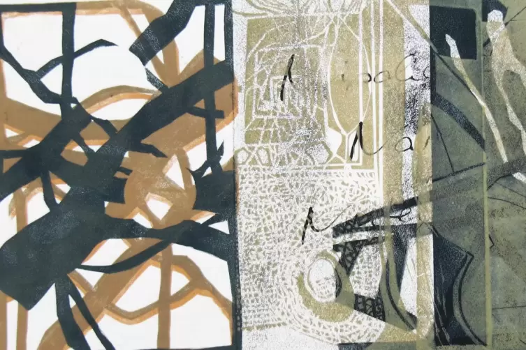 Eine Collage aus Felicitas Wiests Serie &bdquo;Gewebe&ldquo;: ein Handabzug kombiniert mit einer Tuschezeichnung auf B&uuml;ttenpapier.