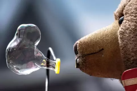 Ein Hund, der Seifenblasen pustet.