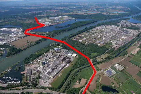 Der voraussichtliche Trassenverlauf von und zur 2. Rheinbrücke. Nicht eingezeichnet ist die Anbindung an die B36 in östliche Ric