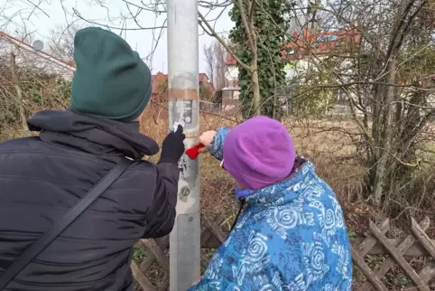 Zwei Teilnehmer entfernen Sticker an einem Laternenmasten in der Industriestraße. 