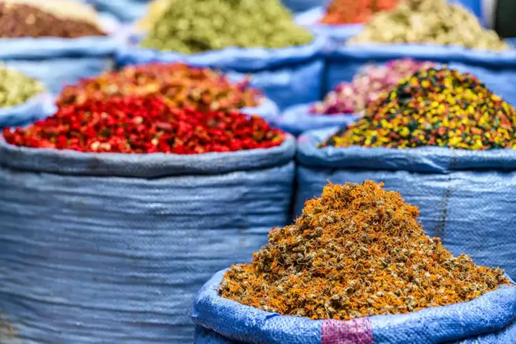 S&auml;cke mit Gew&uuml;rzen und Kr&auml;utern auf einem Souk in Marokko. Die nordafrikanische Mischung Ras-el Hanout ist inzwischen auch hierz