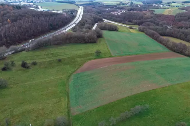 Hier soll das Gewerbegebiet entstehen – links ist die Autobahn zu sehen, im Hintergrund die B420.