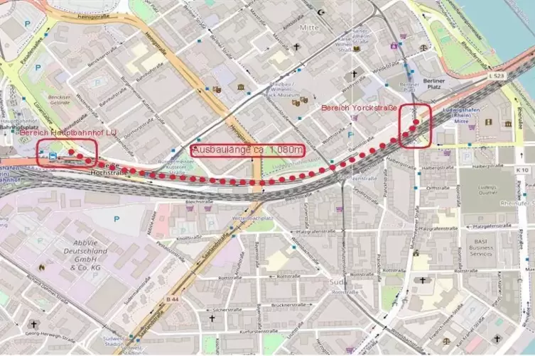  Verlauf des 1080 Meter lang geplanten Pendlerradwegs vom Hauptbahnhof bis zur Konrad-Adenauer-Br&uuml;cke. 