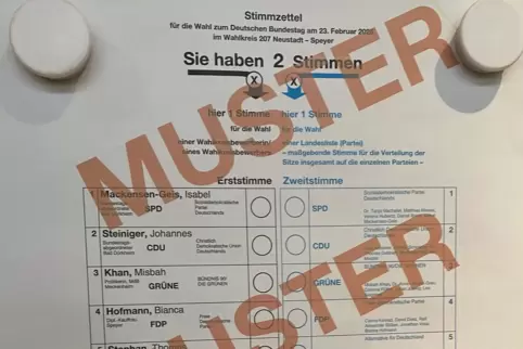 Muster: oberer Teil des Stimmzettels für den Wahlkreis Neustadt-Speyer. Muster: oberer Teil des Stimmzettels für den Wahlkreis Neustadt-Speyer.