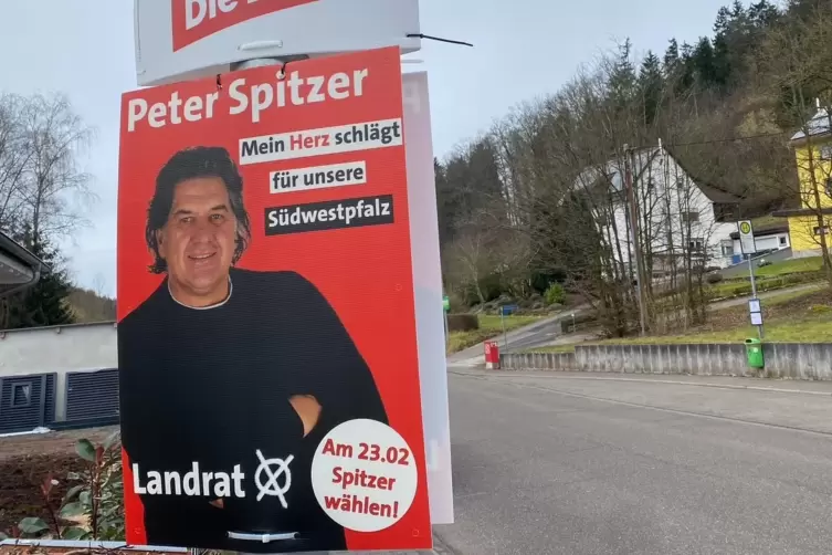 Dieses Wahlplakat von Peter Spitzer h&auml;ngt im Zweibr&uuml;cker Vorort Oberauerbach, im Hintergrund ist die Bushaltestelle &bdquo;Altes Denkm