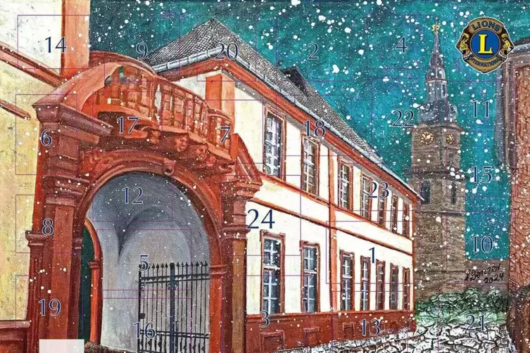 Zeigt den Leininger Oberhof in Gr&uuml;nstadt: Lions-Adventskalender 2024. 