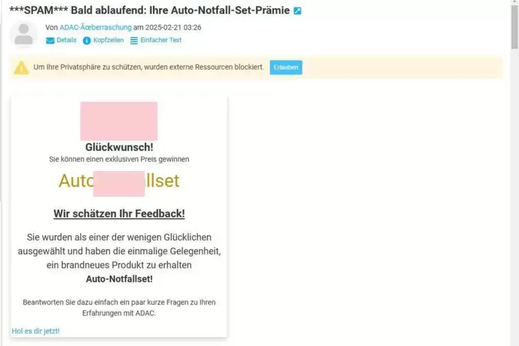 Ein Beispiel f&uuml;r eine Betrugsmail: Besonders oft t&auml;uschen Kriminelle derzeit einen Gewinn beim ADAC vor. Doch in der Absenderadr