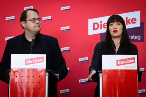 Die Vorsitzenden der Bundestagsgruppe der Linken, Heidi Reichinnek und Sören Pellmann, gestern während einer Pressekonferenz in 