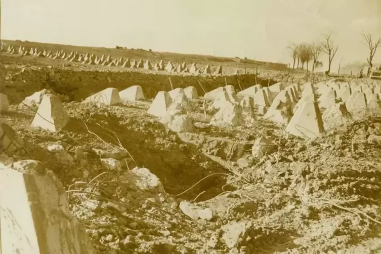 Panzersperre in Form von dreieckigen H&ouml;ckern aus Beton. Die Amerikaner nannten sie Drachenz&auml;hne.