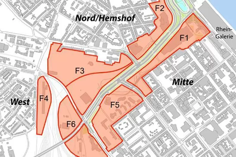 Die sechs Baufelder auf dem 39-Hektar-Areal zwischen Hauptbahnhof und Rhein.