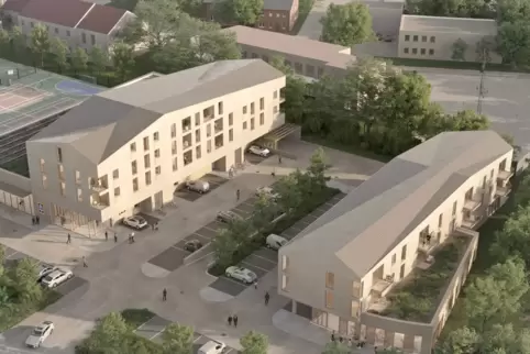 Der erste Entwurf: Im linken Gebäude soll in Angrenzung an den TV eine Aldi-Filiale im Erdgeschoss entstehen.