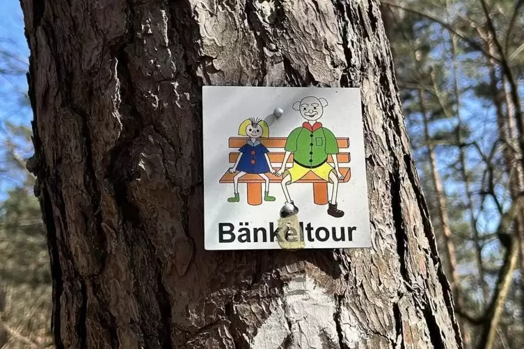 Die Markierung der B&auml;nkeltour f&uuml;hrt zuverl&auml;ssig durch den Wald. 