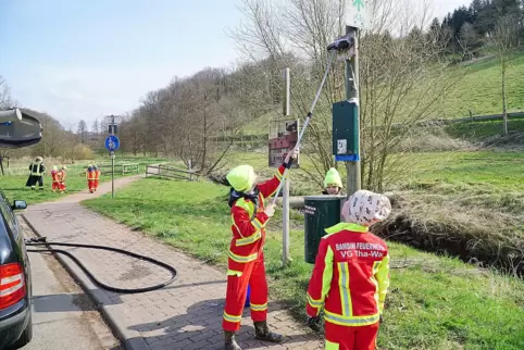 Beim Umwelttag in Wallhalben hat die Jugendfeuerwehr auch gleich noch die Schilder geputzt. Unser Foto zeigt die fleißigen Bambi