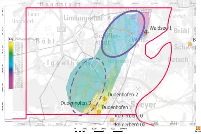 Favorisiertes Gebiet zwischen Schifferstadt und Waldsee (violetter Kreis). Gestrichelt die südlicher gelegene Alternativfläche.