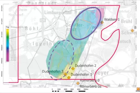 Favorisiertes Gebiet zwischen Schifferstadt und Waldsee (violetter Kreis). Gestrichelt die südlicher gelegene Alternativfläche. 