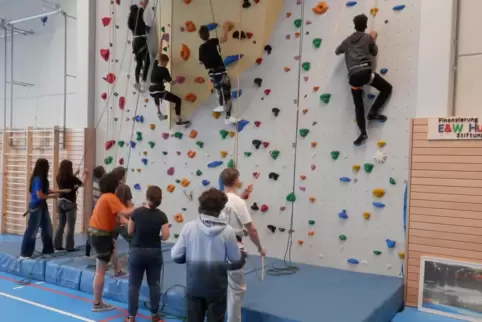 Einige Schüler probieren die neue Kletterwand in der Turnhalle der IGS Schönenberg-Kübelberg gleich mal aus. Spendiert wurde sie