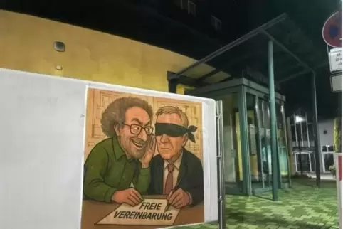 Vor dem Dudenhofener Rathaus ist diese Karikatur aufgehängt worden. 