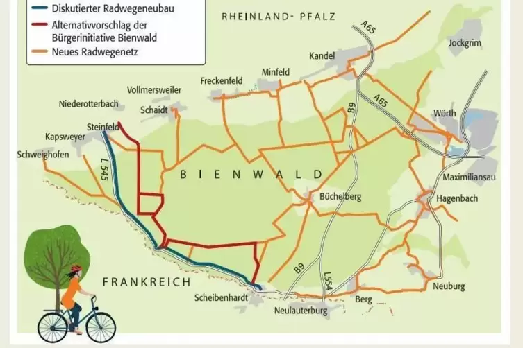 Ein &Uuml;berblick &uuml;ber das Radwegenetz im Bienwald. 