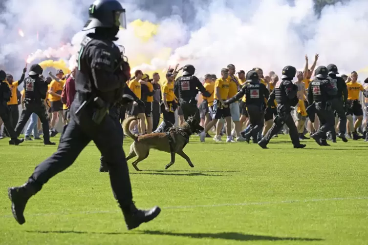 Der Platzsturm der Dresdener Fans nach dem Aufstieg. Die Polizei schritt ein. 