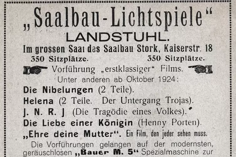 Eine Anzeige aus dem Jahr 1924 zum Programm der Saalbau Lichtspiele. 