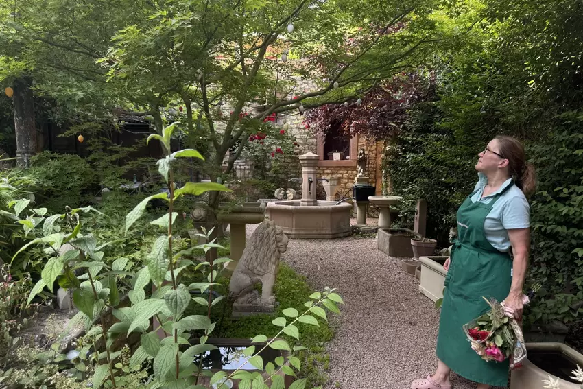 Ricarda Cirotzki unter ihrem scherzhaft genannten »Pfälzischen Eierbaum«. Den kanadischen Ahorn schmücken Deko-Eier vom letzten