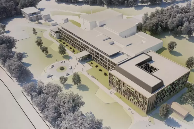Modell des künftigen Klinikums, rechts der Erweiterungsbau, an den sich hinten ein weiterer Neubau anschließt.