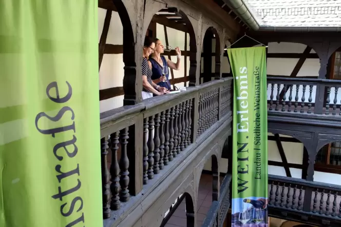 Auf den Galerien im Frank-Loebschen Haus lässt sich beim Weinerlebnis gut fachsimpeln. Auf den Galerien im Frank-Loebschen Haus lässt sich beim Weinerlebnis gut fachsimpeln.