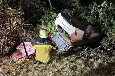 Über Leitplanke geflogen: Kleinwagen an der Böschung der A61 Am Kreuz Speyer.