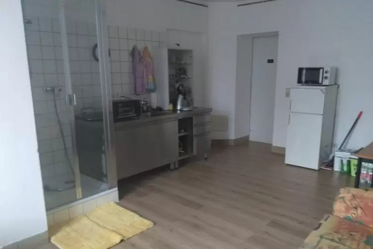 Die Dusche steht direkt neben der Kochzeile. Der Raum ist Wohnzimmer, K&uuml;che und Bad in einem. 