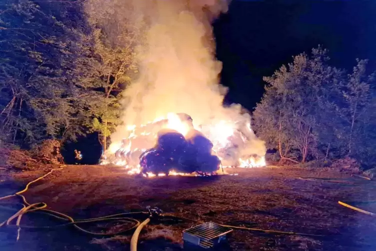Die Heuballen brannten lichterloh, als die Feuerwehr in der Nacht auf Montag an der Ungl&uuml;cksstelle eintraf. 