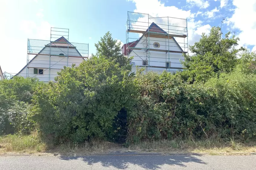 Die Gebäude der Lambsheimer Mühle verstecken sich, wie auch der Bach, hinter der Vegetation. An dieser Stelle führt ein Durchgan