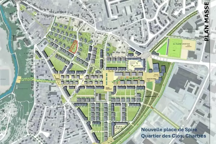 Planzeichnung: letzter Abschnitt der Stadterneuerung im &bdquo;Beaulieu&ldquo; in Chartres mit &ndash; rot umrandet &ndash; dem neuen Speyer-Platz. 
