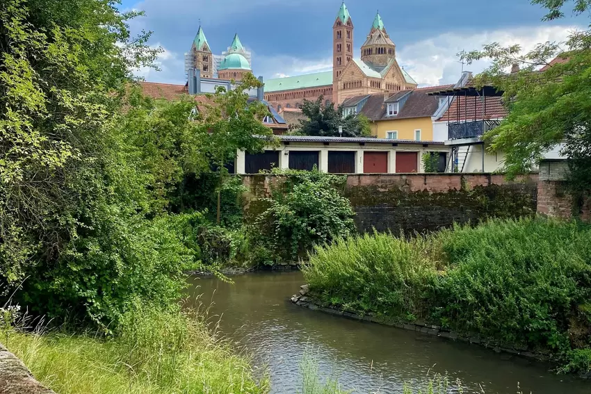 Hier fließen Speyerbach und Woogbach (im Vordergrund) wieder zusammen: am Mittelsteg in Speyers Altstadt in Sichtweite des Doms.