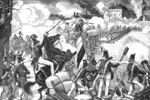 Dieser zeitgenössische Stich zeigt das Bombardement von Ludwigshafen im Juni 1849 während der Revolutionsunruhen. 