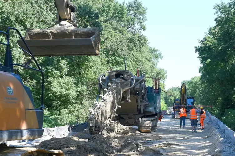 Auf dem Bahndamm ist schweres Ger&auml;t im Einsatz. 